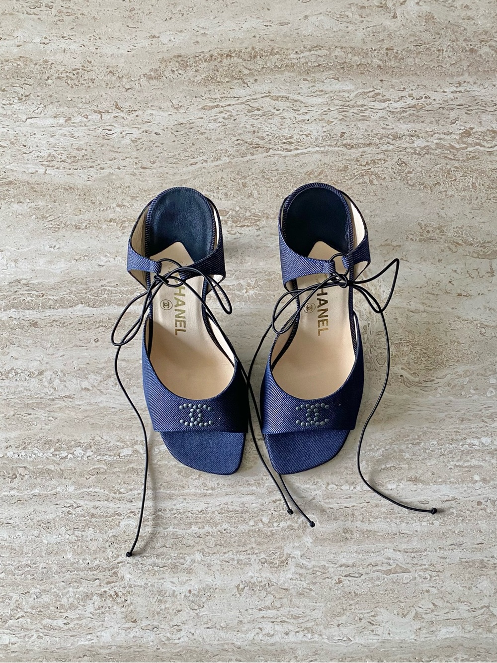 Vintage Chanel Studded CC Ankel Tie Sandal Heels